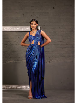 ONE KNOT ONE - Blue Tasselled Metallic Drape Saree with Stitched Blouse