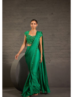 ONE KNOT ONE - Green Embroidered Border Drape Saree with Stitched Blouse