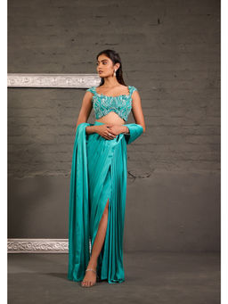 ONE KNOT ONE - Blue Cutwork Saree with Stitched Blouse
