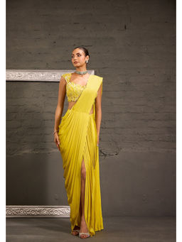ONE KNOT ONE - Yellow Cutwork Saree with Stitched Blouse