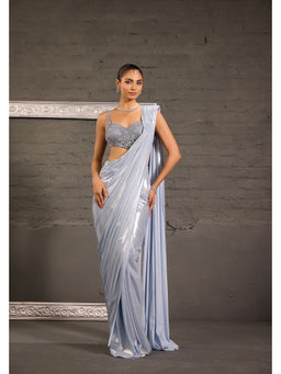 ONE KNOT ONE - Grey Embroidered Stitched Blouse with Metallic Drape Saree