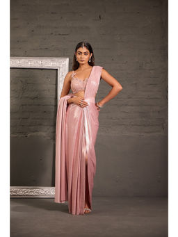 ONE KNOT ONE - Pink Cutwork Stitched Blouse with Metallic Drape Saree