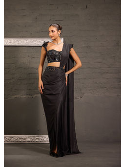 ONE KNOT ONE - Black Metallic Drape Saree with Corset Cutwork Stitched Blouse