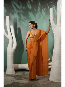 ONE KNOT ONE - Yellow Pre Stitched Drape Saree with Stitched Blouse