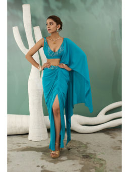 ONE KNOT ONE - Blue Drape Saree with Stitched Blouse
