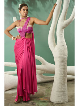 ONE KNOT ONE - Pink Ombre Drape Saree with Stitched Blouse