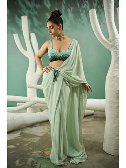 ONE KNOT ONE - Mint Green Drape Saree with Stitched Blouse