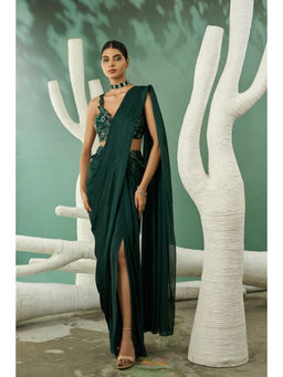 ONE KNOT ONE - Green Cutwork Drape Saree with Stitched Blouse