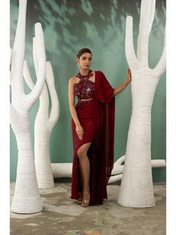 ONE KNOT ONE - Burgundy Drape Saree with Stitched Blouse