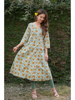 NILAM INDIA - Diya Hand Block Printed Yellow Dahlia Angrakha Kurta