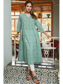 NILAM INDIA - Diya Hand Block Printed Green Leaf Kali Kurta