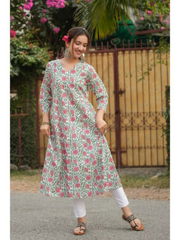 NILAM INDIA - Diya Hand Block Printed Pink Dahlia Kali Kurta