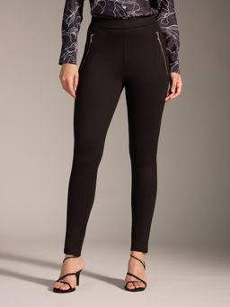 Twenty Dresses by Nykaa Fashion - Black Solid High Waist Zipper Detail Skinny Fit Jegging