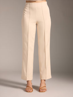 Twenty Dresses by Nykaa Fashion - Beige Solid High Waist Pin Tuck Straight Fit Pant