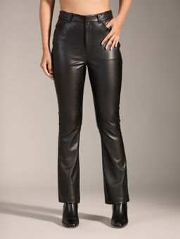 Twenty Dresses by Nykaa Fashion - Black Solid High Waist Bootcut Leather Pant