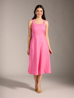 Twenty Dresses by Nykaa Fashion - Candy Pink Scallop Neck Fit and Flare Linen Midi Dress