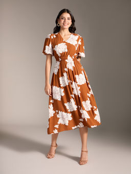 Twenty Dresses by Nykaa Fashion - Light Brown and Off White Floral Puff Sleeves Midi Dress