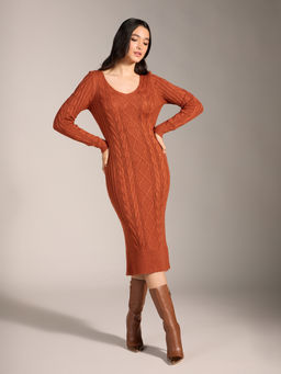 Twenty Dresses by Nykaa Fashion - Rust Textured V Neck Bodycon Midi Sweater Dress