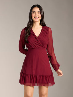 Twenty Dresses by Nykaa Fashion - Wine Solid Short A Line Wrap Dress