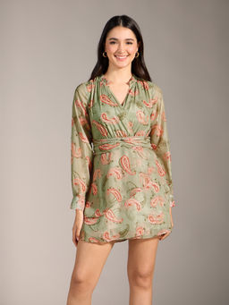 Twenty Dresses by Nykaa Fashion - Light Green Paisley Printed V Neck Mini Dress