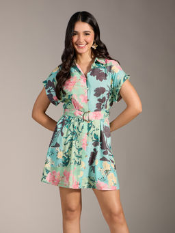 Twenty Dresses by Nykaa Fashion - Green Floral Print Short Sleeves Mini Dress with Belt