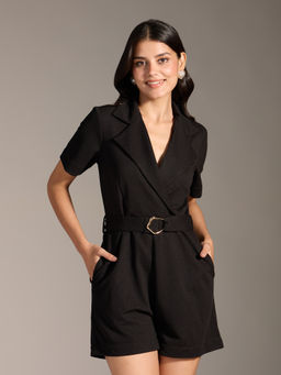 Twenty Dresses by Nykaa Fashion - Black Solid Notched Collar Playsuit, Belt (Set of 2)
