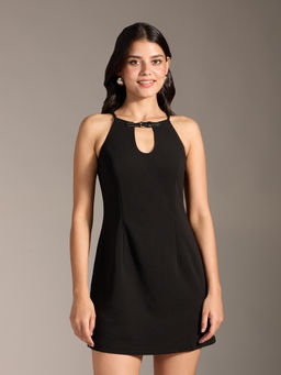 Twenty Dresses by Nykaa Fashion - Black Solid Round Neck Strappy Short Dress