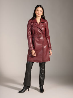 Twenty Dresses by Nykaa Fashion - Wine Solid Notched Lapel Leather Overcoat & Belt (Set of 2)