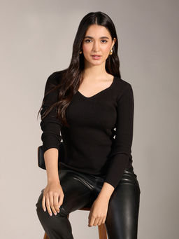 Twenty Dresses by Nykaa Fashion - Black V Neck Ribbed Full Sleeves Sweater