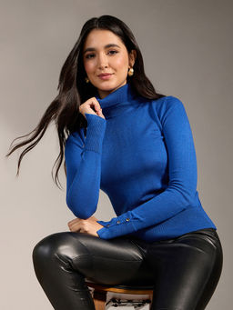 Twenty Dresses by Nykaa Fashion - Blue Solid Turtle Neck Full Sleeves Sweater