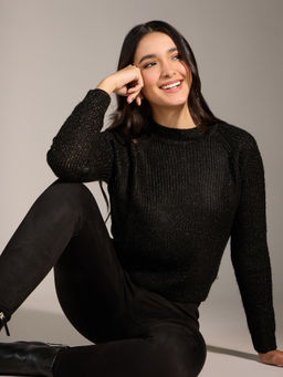 Twenty Dresses by Nykaa Fashion - Black Solid High Neck Shimmer Full Sleeves Ribbed Sweater