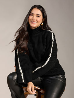 Twenty Dresses by Nykaa Fashion - Black Ribbed High Neck Sweater