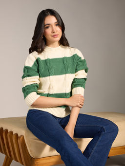 Twenty Dresses by Nykaa Fashion - White and Green Stripes High Neck Sweater