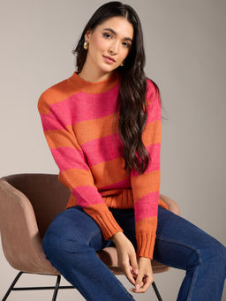 Twenty Dresses by Nykaa Fashion - Orange and Pink Colorblock Full Sleeves Sweater