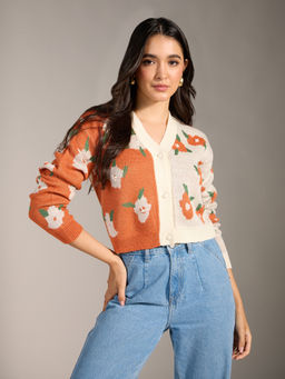 Twenty Dresses by Nykaa Fashion - White and Rust Floral Printed Colorblock V Neck Short Cardigan
