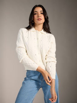 Twenty Dresses by Nykaa Fashion - White Embellished Collar Neck Full Sleeves Cardigan