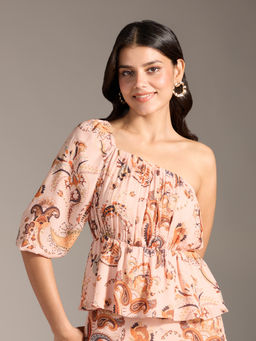 Twenty Dresses by Nykaa Fashion - Multicolor Paisley Printed One Shoulder Gathered Peplum Top