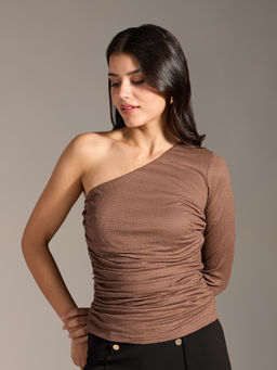Twenty Dresses by Nykaa Fashion - Brown Solid One Shoulder Neck Gathered Bodycon Top