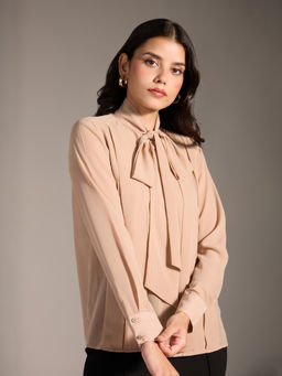Twenty Dresses by Nykaa Fashion - Beige Solid Tie Up Neck Full Sleeves Pleated Top