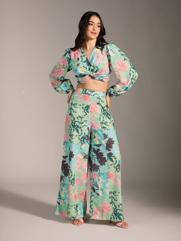 Twenty Dresses by Nykaa Fashion - Green Floral Wrap Crop Top with Flared Pant (Set of 2)