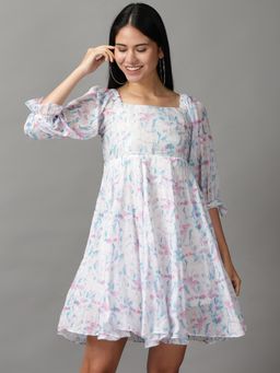 SHOWOFF - Womens Fit And Flare White Printed Dress