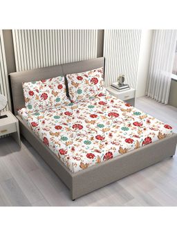 Layers - Aura White Floral Print King Bedsheet with 2 Pillow Covers