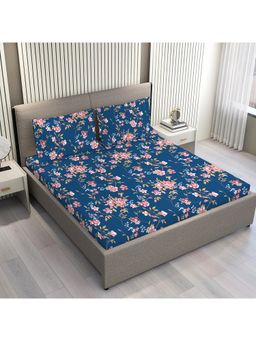 Layers - Aura Blue Floral Print King Bedsheet with 2 Pillow Covers