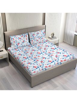 Layers - Aura Blue Floral Print King Bedsheet with 2 Pillow Covers