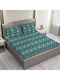 Layers - Aria Teal Ethnic Print Double Bedsheet with 2 Pillow Covers