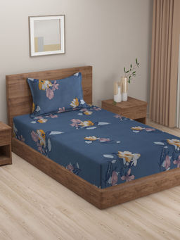 HOSTA HOMES - Blue 280 Tc Fitted Printed Single Bed with 1 Pillow Cover