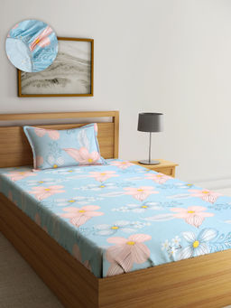 HOSTA HOMES - Floral Feel Printed Fitted Single Bedsheet with 1 Pillow Cover