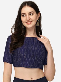 Amrutam Fab - Women's Vichitra Blooming Foil Navy Blue Boat Neck Blouse