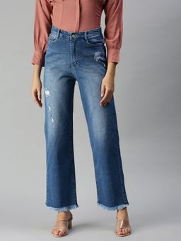 SHOWOFFFF - Women Mildly Distressed Blue Wide Leg Denim Jeans