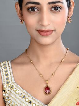 Anvik - Floral Kundan Red Pendant Necklace and Stud Earrings Set